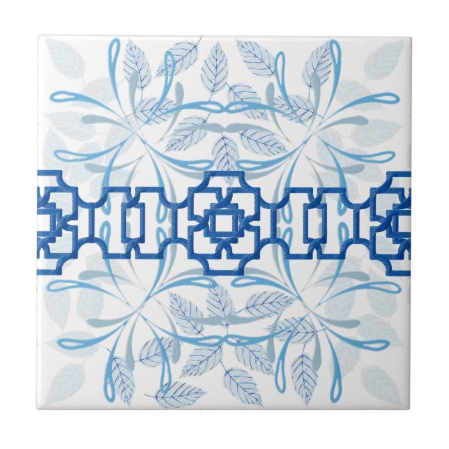 Azulejo De Cerâmica Padrão Azul Geométrico Floral Chinoiserie Zen (Frente)