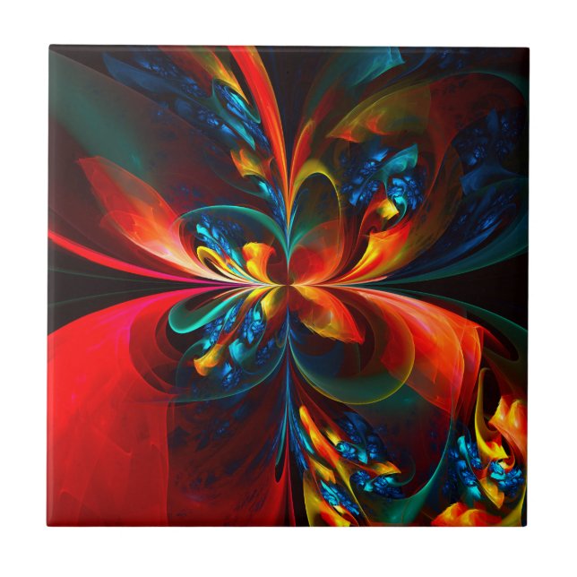 Azulejo De Cerâmica Padrão Azul Laranja-Abstrato Floral Moderno #14 (Frente)