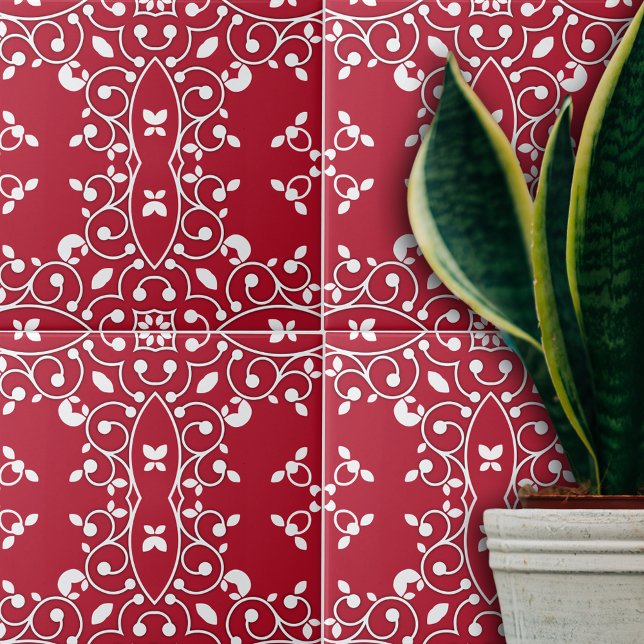 Azulejo De Cerâmica Padrão Barroco Clássico Elegante Vermelho e Branco (Criador carregado)