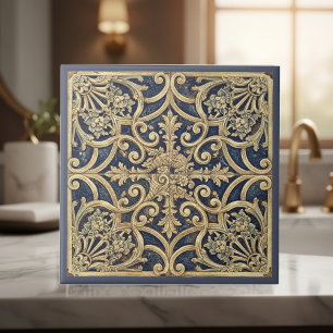 Azulejo De Cerâmica Padrão Barroco Ornate Pat#2 Azul Dourado ID1195