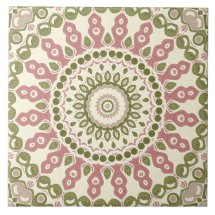 Azulejo De Cerâmica Padrão Boêmio Vintage Mandala Verde e Rosa