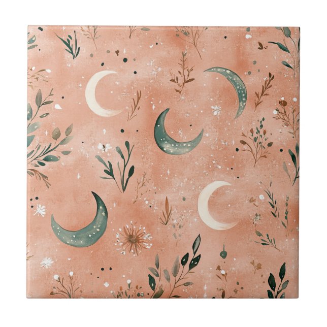 Azulejo De Cerâmica Padrão Boho Celestial Floral Lua (4) (Frente)