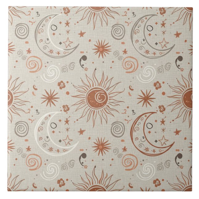 Azulejo De Cerâmica Padrão Boho Sol e Lua (Frente)