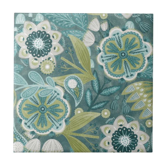 Azulejo De Cerâmica Padrão Botânico Boho Floral Turquesa (Frente)