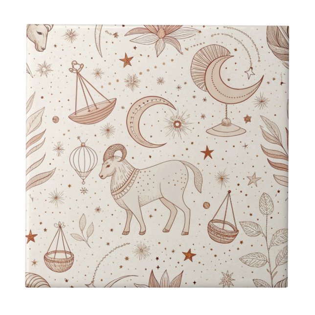 Azulejo De Cerâmica Padrão Botânico Celestial (1) (Frente)