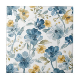 Azulejo De Cerâmica Padrão Botânico de Flores de Jardim Azuis e Amarel