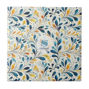Azulejo De Cerâmica Padrão Botânico de Folha Âmbar Azul-Marinho
