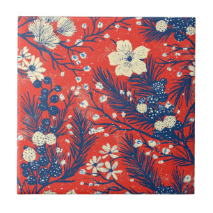 Azulejo De Cerâmica Padrão Botânico de Inverno Índigo Vermelho Carmesi