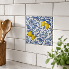 Azulejo De Cerâmica Padrão Botânico de Limão Azul Vintage