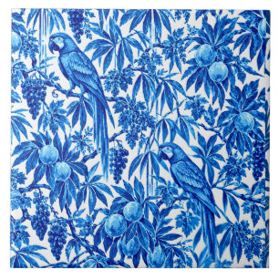 Azulejo De Cerâmica Padrão Botânico de Papagaio Tropical Azul