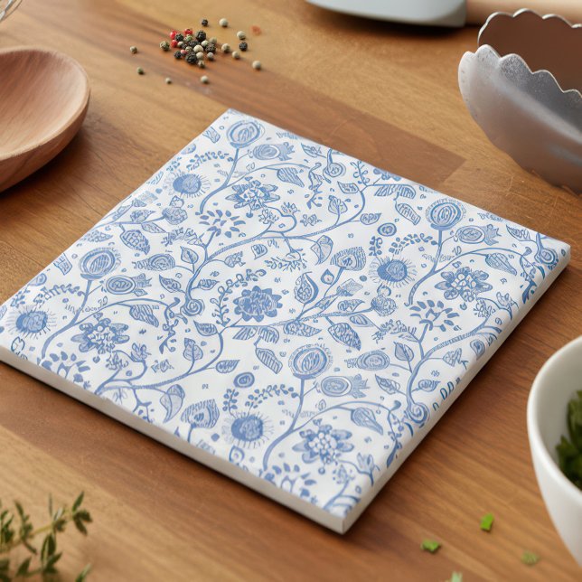 Azulejo De Cerâmica Padrão Botânico Floral Azul e Branco Moderno (Criador carregado)