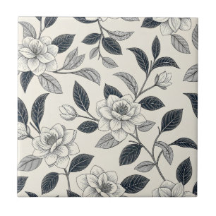 Azulejo De Cerâmica Padrão Botânico Floral Azul Vintage (2)