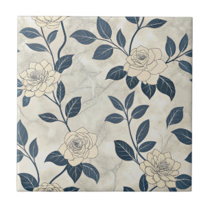 Azulejo De Cerâmica Padrão Botânico Floral Azul Vintage (3)