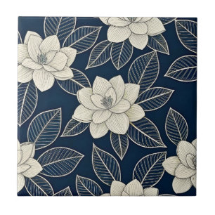 Azulejo De Cerâmica Padrão Botânico Floral Azul Vintage (5)
