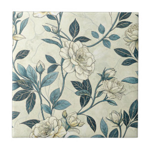 Azulejo De Cerâmica Padrão Botânico Floral Azul Vintage (6)