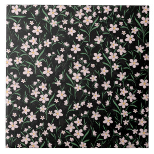 Azulejo De Cerâmica Padrão Botânico Floral Rosa Aquarela Preto