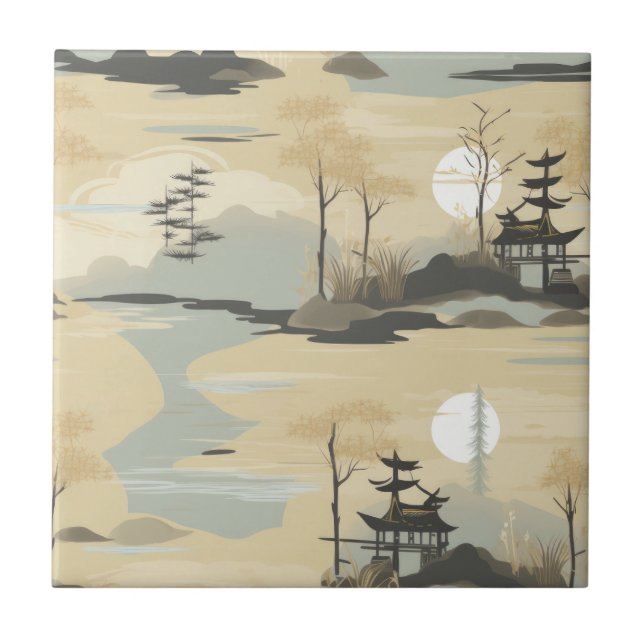 Azulejo De Cerâmica Padrão Botânico Floresta de Bambu Zen (4) (Frente)