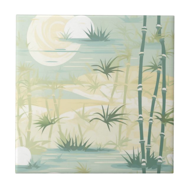 Azulejo De Cerâmica Padrão Botânico Floresta de Bambu Zen (5) (Frente)