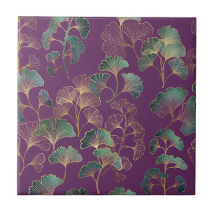 Azulejo De Cerâmica Padrão Botânico Japonês Ginkgo Dourado Roxo