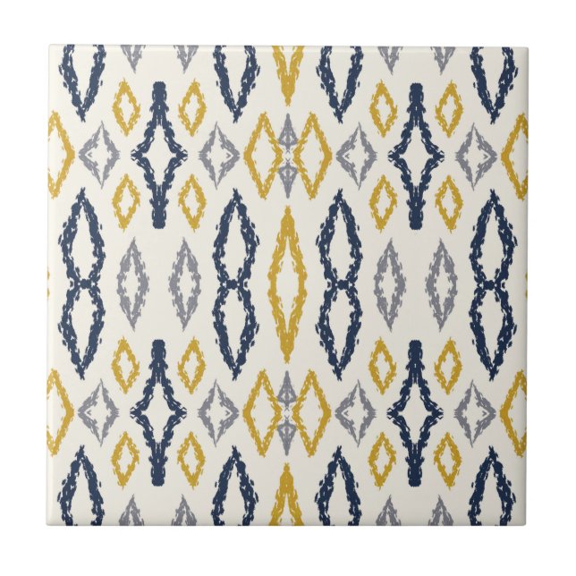 Azulejo De Cerâmica Padrão Branco Amarelo Azul Ikat marroquino (Frente)