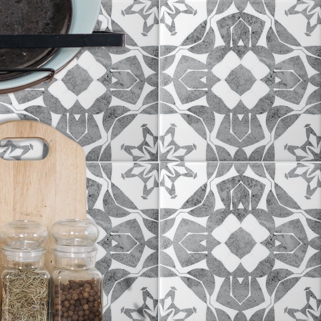 Azulejo De Cerâmica Padrão Branco de Cinzas Elegante Simétrica Texturi (Criador carregado)