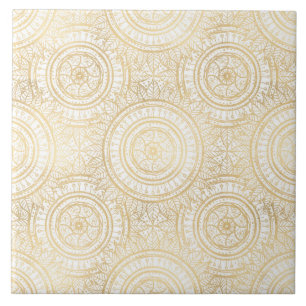 Azulejo De Cerâmica Padrão Branco Elegante Dourado de Mandala Girasso