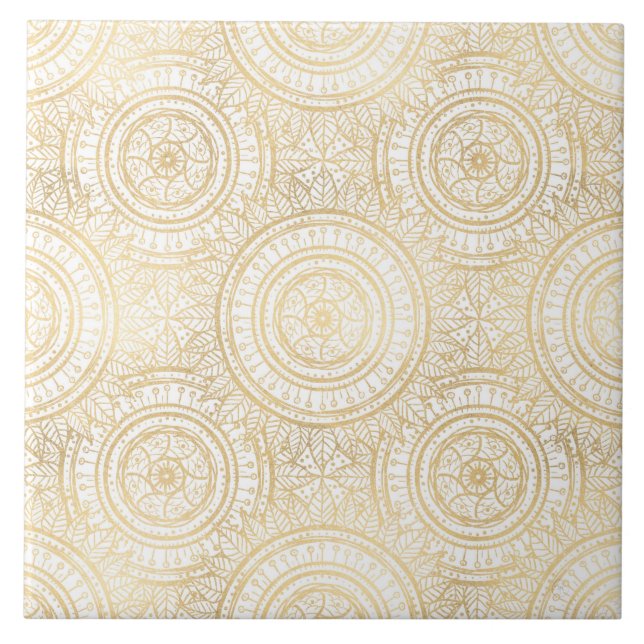 Azulejo De Cerâmica Padrão Branco Elegante Dourado de Mandala Girassol (Frente)