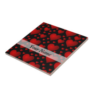 Azulejo De Cerâmica Padrão cardíaco vermelho e preto