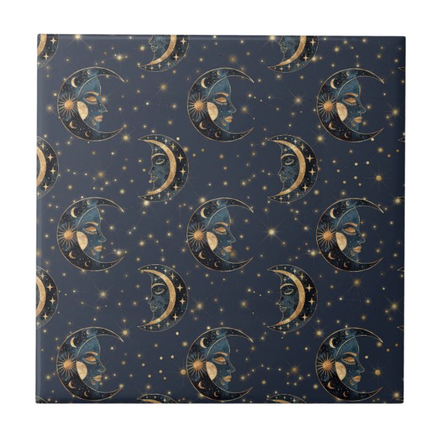 Azulejo De Cerâmica Padrão Celestial Lua Dourada de Luxo (Frente)