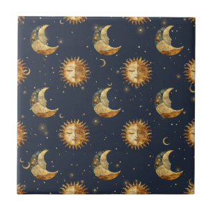 Azulejo De Cerâmica Padrão Celestial Sol & Lua Estrela Dourada Noite (