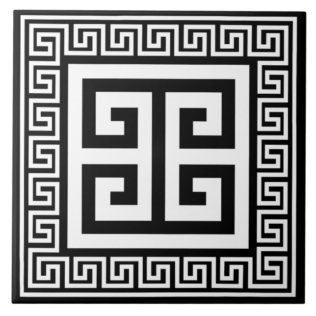 Azulejo De Cerâmica Padrão-Chave Grego Branco Sobre Design Preto (Frente)
