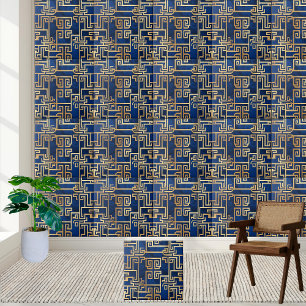 Azulejo De Cerâmica Padrão chave grego Dourado e luxuoso em azul profu