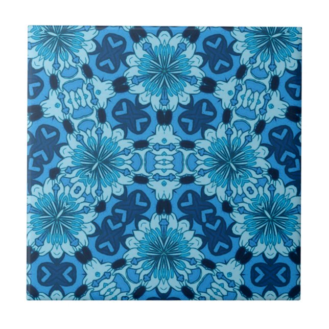 Azulejo De Cerâmica Padrão Chinês Floral Azul Indigo (Frente)