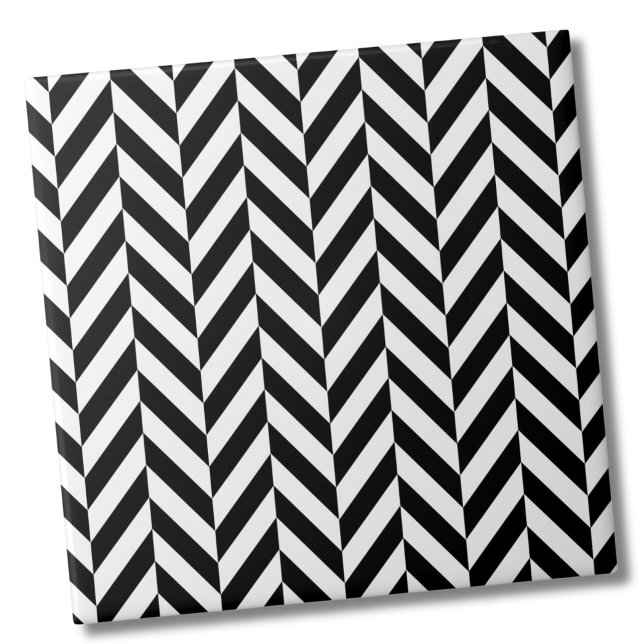 Azulejo De Cerâmica Padrão Clássico de Arenque Branco Negro Simples (Classic Simple Black White Herringbone Pattern Ceramic Tile)