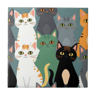 Azulejo De Cerâmica Padrão Colorido de Gatos de Desenho Animado em Mul