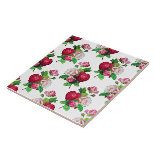 Azulejo De Cerâmica Padrão com rosas vermelhas, brancas e rosadas,