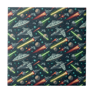Azulejo De Cerâmica Padrão Cômico de Nave Espacial de Ficção Científic