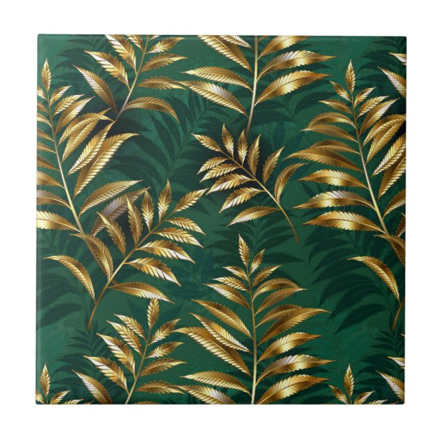 Azulejo De Cerâmica Padrão contínuo com samambaias douradas (Frente)