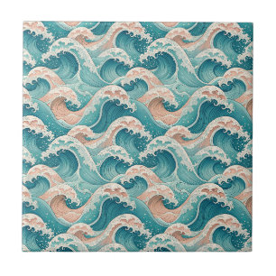 Azulejo De Cerâmica Padrão contínuo de ondas do oceano japonês em azul