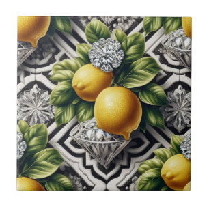 Azulejo De Cerâmica Padrão contínuo em preto e branco com limões e dia