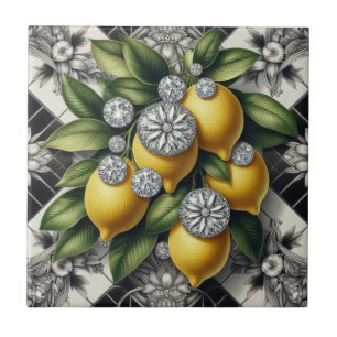 Azulejo De Cerâmica Padrão contínuo em preto e branco com limões e dia
