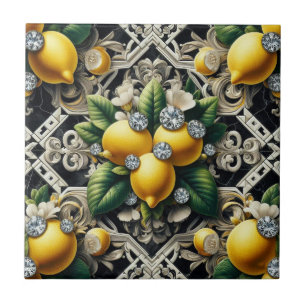 Azulejo De Cerâmica Padrão contínuo em preto e branco com limões e dia