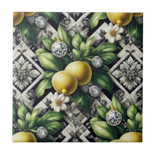 Azulejo De Cerâmica Padrão contínuo em preto e branco com limões e dia