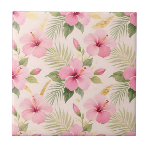 Azulejo De Cerâmica Padrão contínuo tropical de hibisco rosa