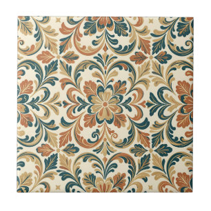 Azulejo De Cerâmica Padrão Damásco Floral Verde Azul e Laranja Folclór