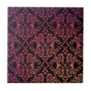 Azulejo De Cerâmica Padrão Damask Preto Laranja Rosa