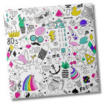 Azulejo De Cerâmica Padrão de 80 s colorido bonito<br><div class="desc">Tanta diversão em um impressão! Este padrão é um desenho de desenho em quadrinhos preto e branco com toques coloridos ao longo. Apresenta peças como nuvens arco-íris, flamingos, rosquinhas, cupcakes e sorvetes, ícones da década de 80, pranchas, tênis, caches, bigodes, câmeras e MUITO MAIS!! Excelente para uma festa dos anos...</div>