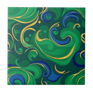 Azulejo De Cerâmica Padrão de Abstrato de giro em verde rico e Dourado