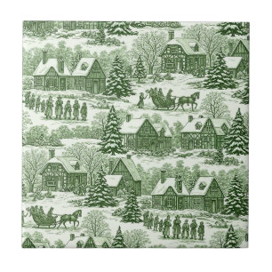 Azulejo De Cerâmica Padrão de Aldeia de Natal Vintage Toile Verde