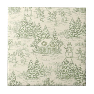 Azulejo De Cerâmica Padrão de Aldeia de Natal Vintage Toile Verde (5)